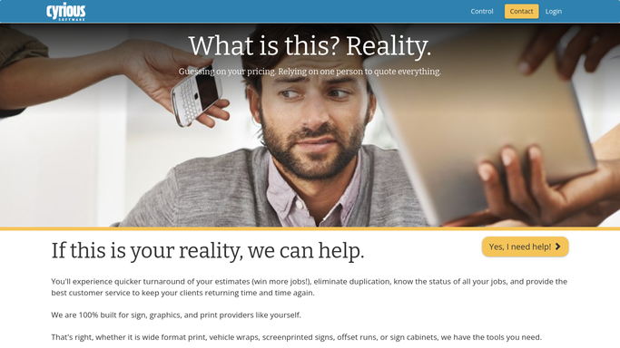 The cyrious.com homepage, the app these three jobs run in.