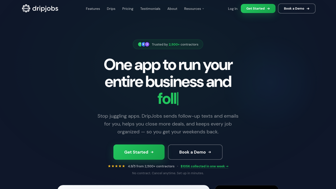 The dripjobs.com homepage, the app these three jobs run in.