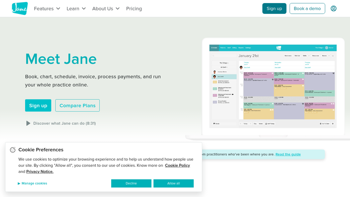 The jane.app homepage, the app these three jobs run in.