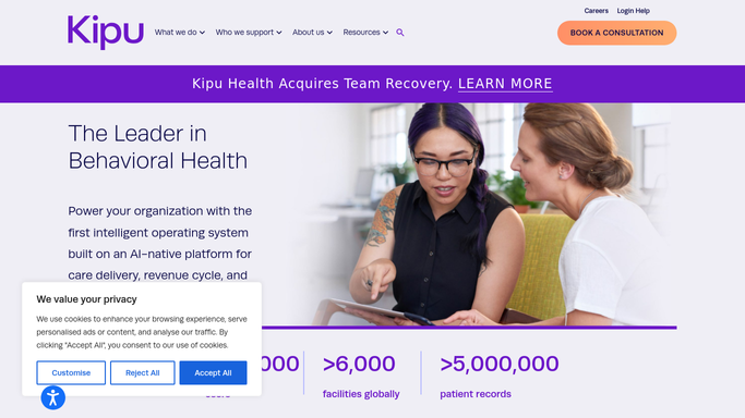 The kipuhealth.com homepage, the app these three jobs run in.