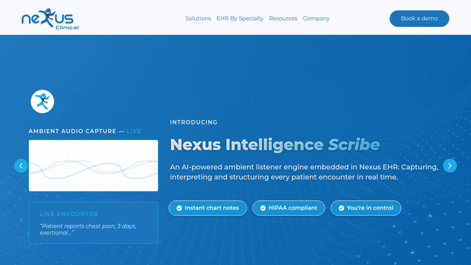 The nexusclinical.com homepage, the app these three jobs run in.