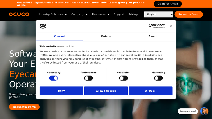 The ocuco.com homepage, the app these three jobs run in.