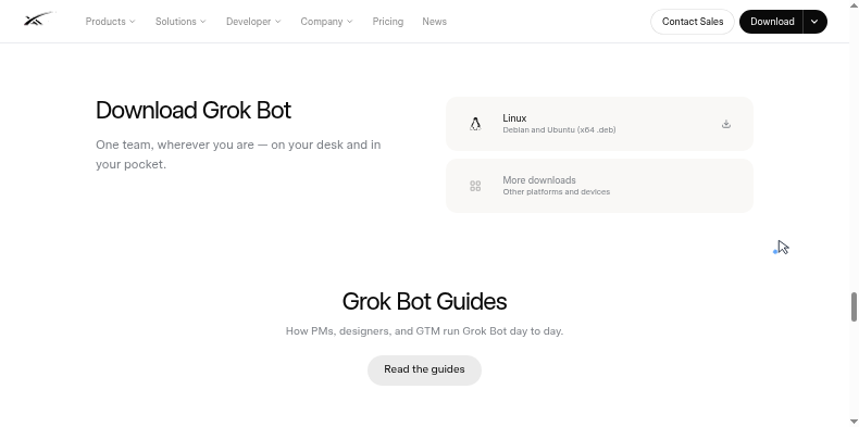 The Grok Bot homepage on August 31 2026, showing the EARLY BETA tag and Download for Linux as the primary call to action