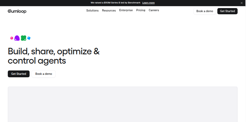 The Gumloop homepage on September 5 2026, reading 'Build, share, optimize & control agents'