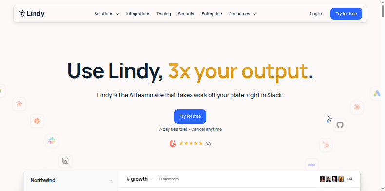 Lindy's homepage on September 4 2026, reading 'Use Lindy, 3x your output' with the subhead 'the AI teammate that takes work off your plate, right in Slack'