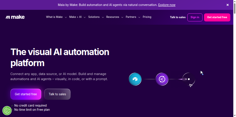 The Make homepage on September 5 2026, reading 'The visual AI automation platform'