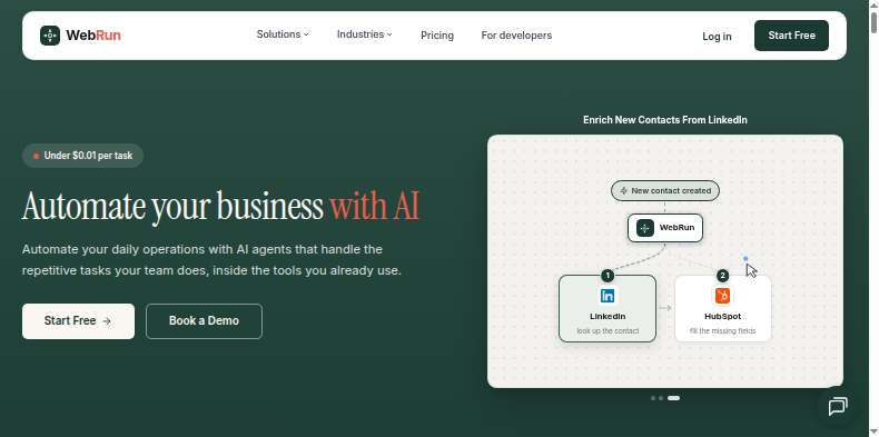The WebRun homepage on September 5 2026, reading 'Automate your business with AI'