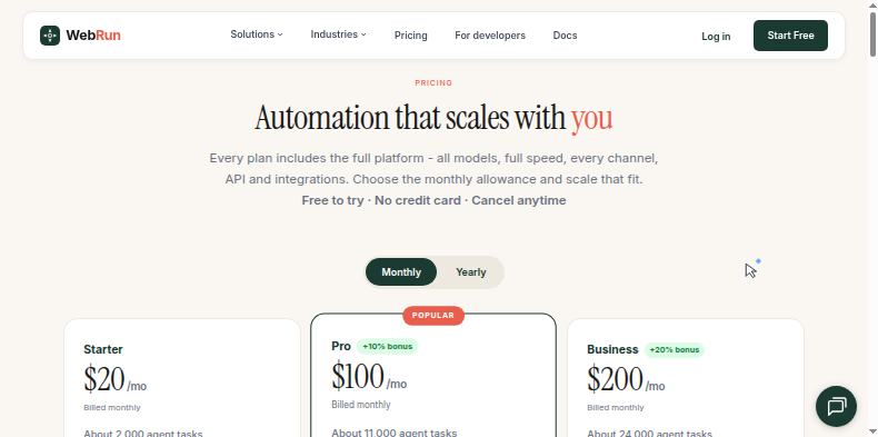 WebRun pricing page showing Starter at $20 per month, Pro at $100 per month, and Business at $200 per month