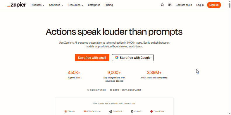 The Zapier homepage on September 5 2026, reading 'Actions speak louder than prompts'